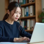 Jeune femme accédant au portail éducatif Sklunk sur un ordinateur portable depuis son bureau à domicile