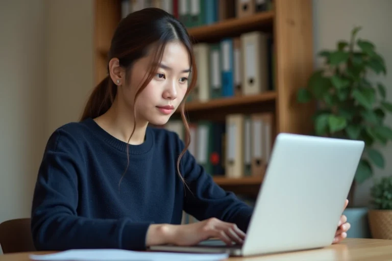 Jeune femme accédant au portail éducatif Sklunk sur un ordinateur portable depuis son bureau à domicile