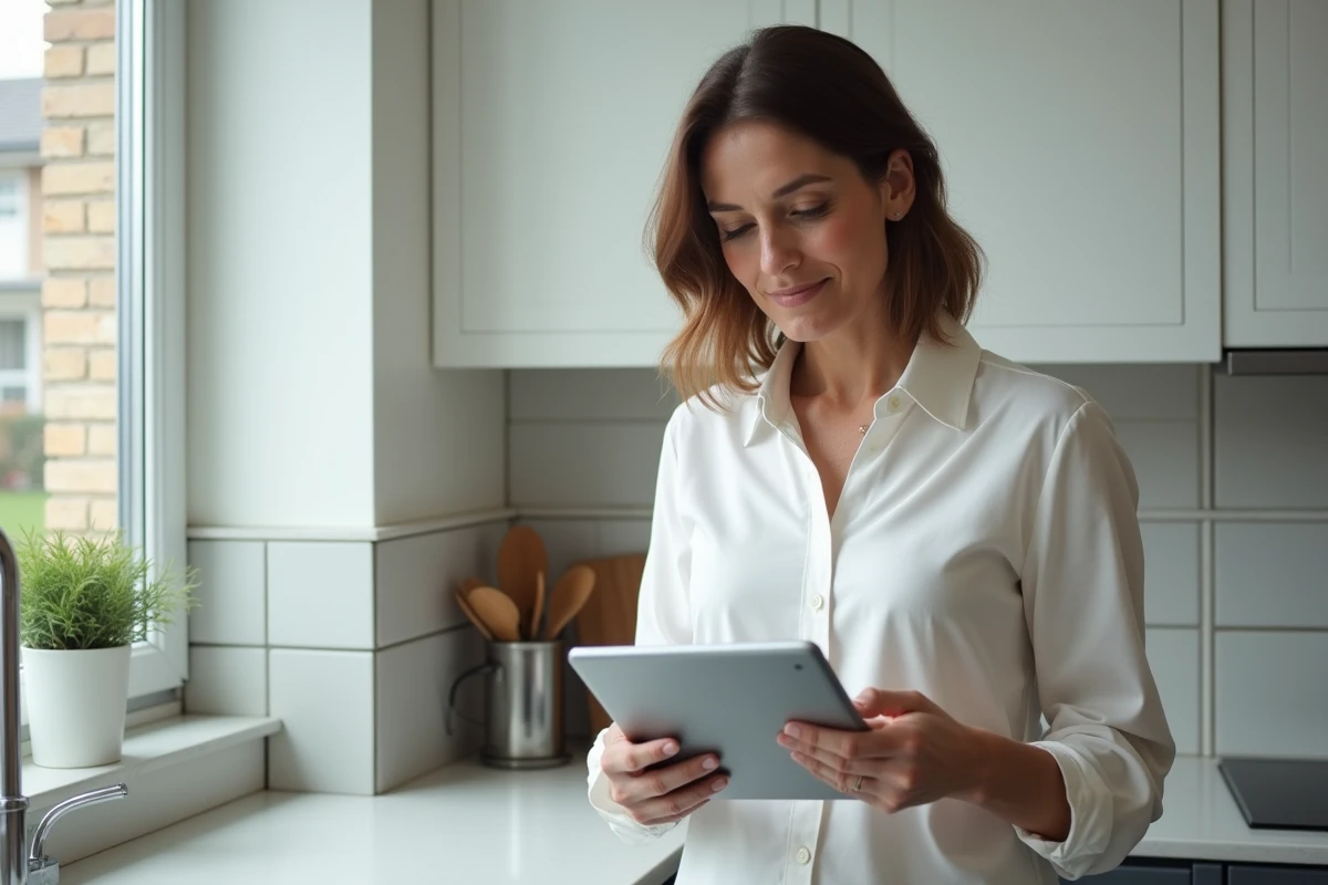 Femme utilisant une tablette pour accéder au portail Sklunk de l'académie de Versailles depuis sa cuisine