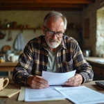 Agriculteur en train de remplir sa déclaration de fermage agricole aux impôts à la table de sa ferme