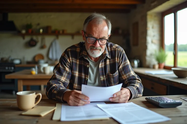Agriculteur en train de remplir sa déclaration de fermage agricole aux impôts à la table de sa ferme