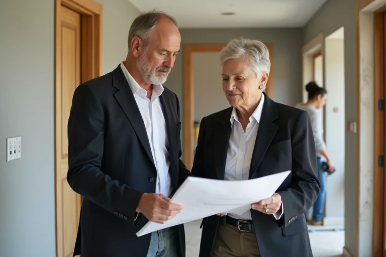 Architecte homme et femme en discussion dans une résidence senior