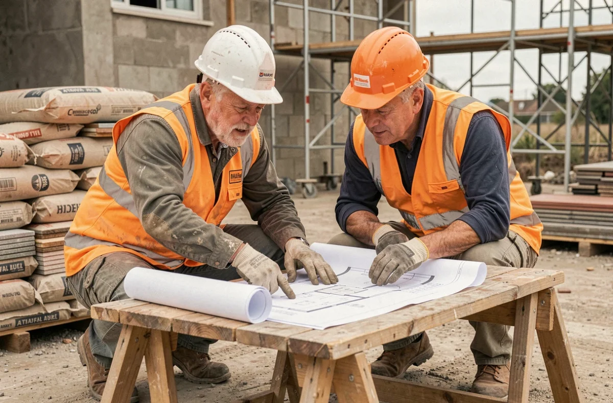 Deux artisans du bâtiment consultant un plan architectural sur un chantier de rénovation immobilière