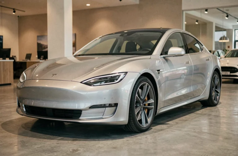 Berline électrique 2024 exposée dans un showroom moderne avec carrosserie argentée et design aérodynamique futuriste