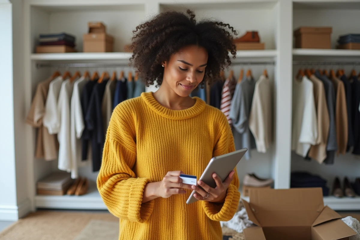 Femme tenant une carte bancaire devant une tablette affichant les options de paiement fractionné Zalando
