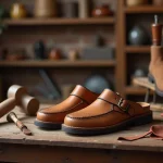 Sandales en bois emblématiques de la marque Scholl posées sur une table d'artisan cordonnier avec des outils traditionnels de fabrication de chaussures