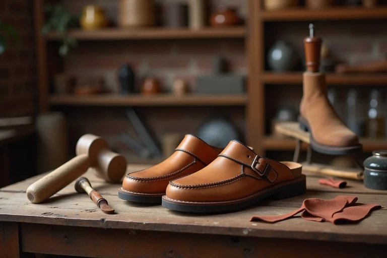 Sandales en bois emblématiques de la marque Scholl posées sur une table d'artisan cordonnier avec des outils traditionnels de fabrication de chaussures