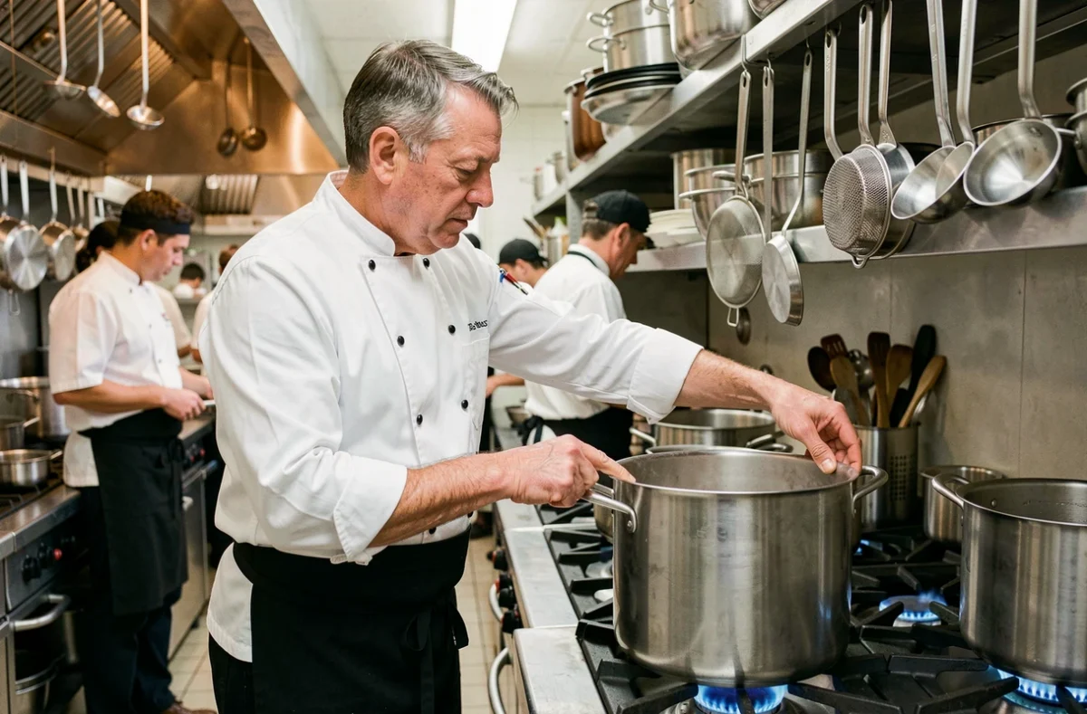 Chef professionnel inspectant une marmite en inox sur un piano de cuisson dans une cuisine de restaurant équipée