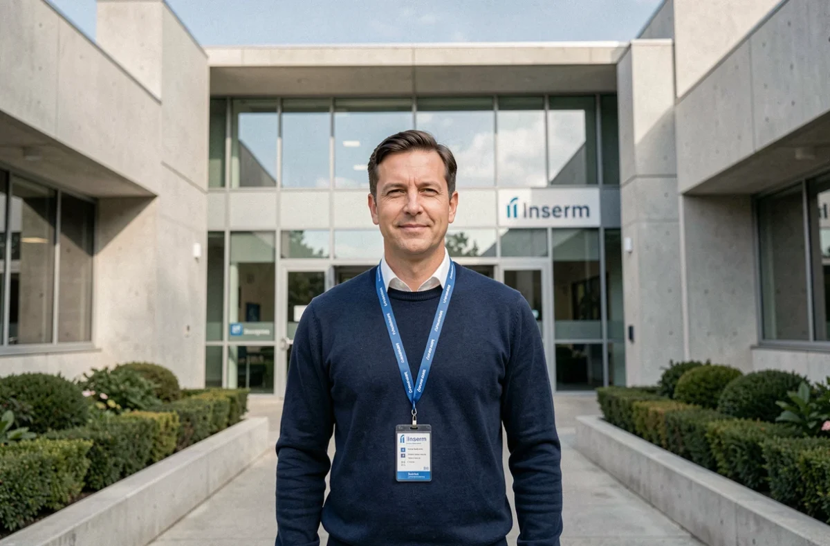 Chercheur de l'Inserm posant devant l'entrée d'un bâtiment institutionnel de recherche biomédicale en France