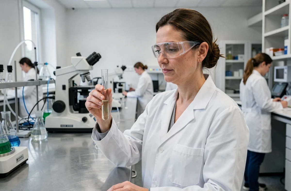 Chercheuse de l'Inserm en blouse blanche analysant un échantillon dans un laboratoire de recherche biomédicale moderne