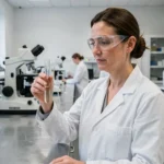 Chercheuse de l'Inserm en blouse blanche analysant un échantillon dans un laboratoire de recherche biomédicale moderne