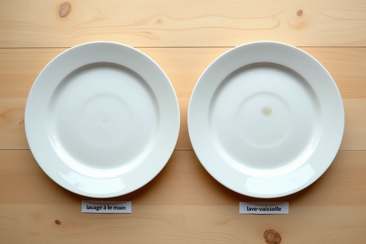 Comparaison de deux assiettes en porcelaine, l'une lavée à la main et l'autre abîmée par le lave-vaisselle, sur une table en bois