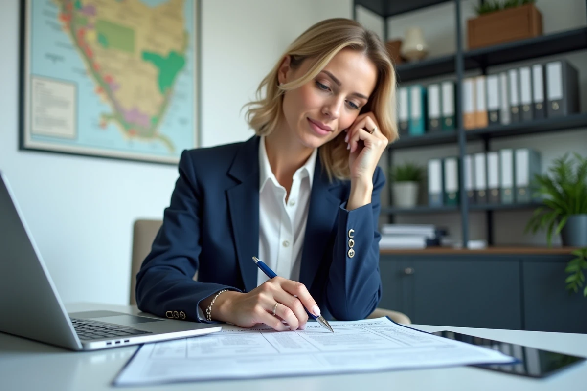Comptable agricole expliquant la déclaration de revenus de fermage sur un bureau professionnel