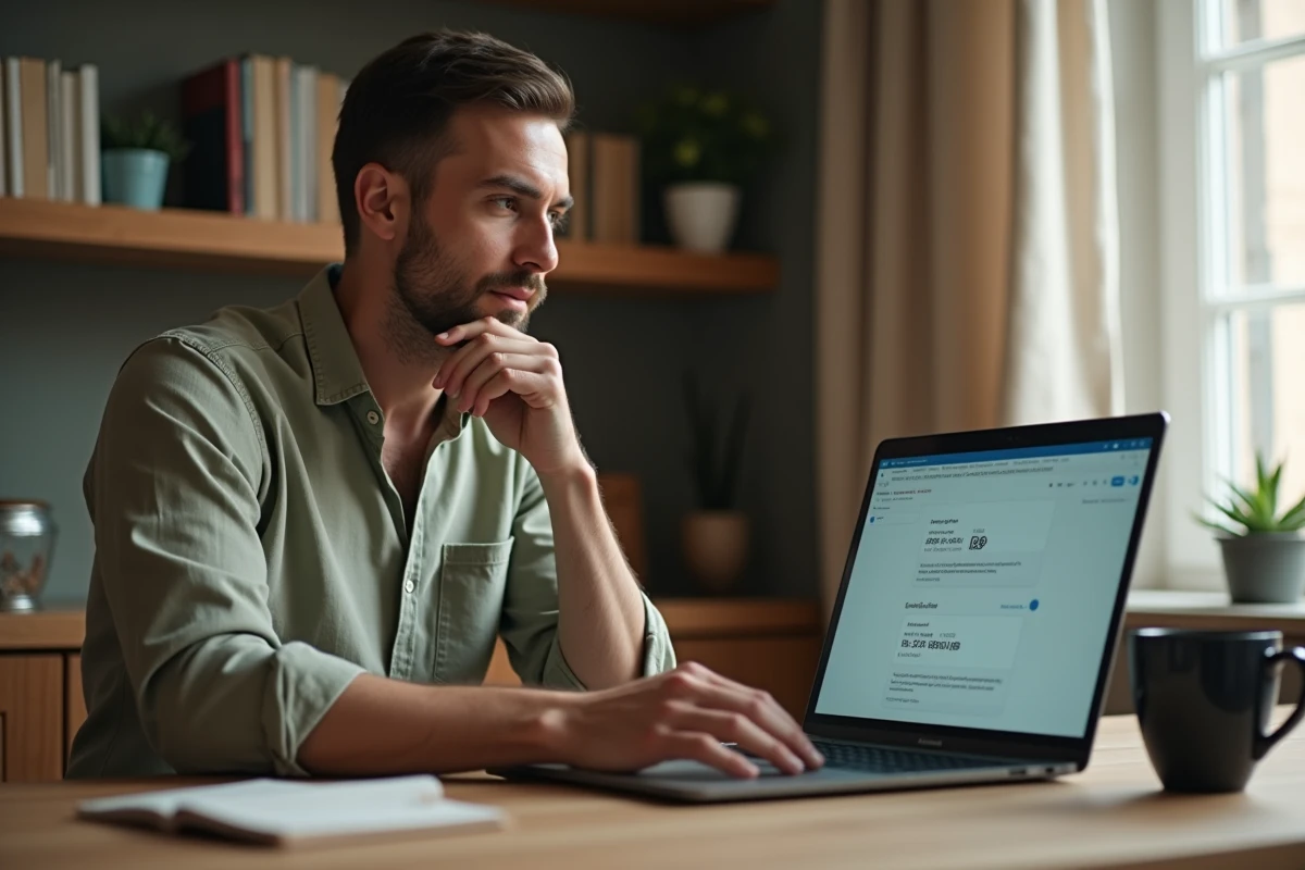 Consultant marketing digital travaillant seul avec un outil d'intelligence artificielle sur son ordinateur portable à domicile
