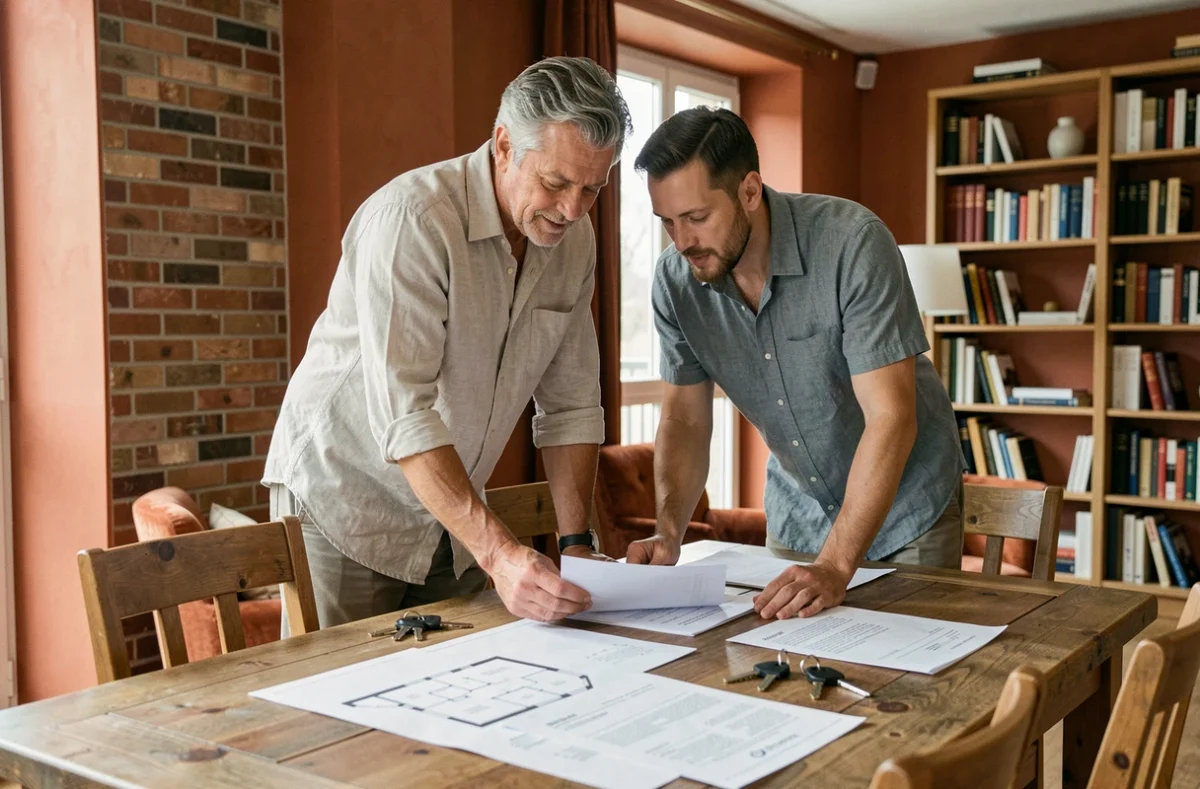 Couple examinant des documents immobiliers et deux jeux de clés de maison sur une table en bois, concept de double résidence principale