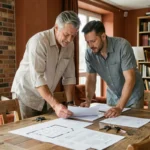 Couple examinant des documents immobiliers et deux jeux de clés de maison sur une table en bois, concept de double résidence principale