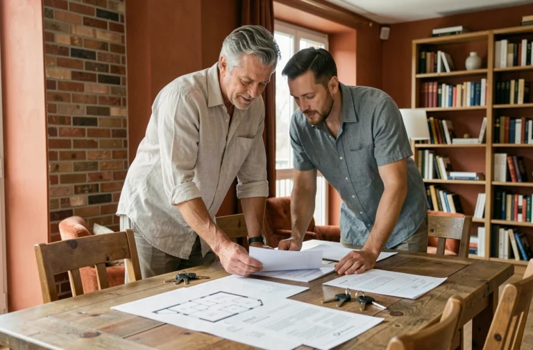 Couple examinant des documents immobiliers et deux jeux de clés de maison sur une table en bois, concept de double résidence principale