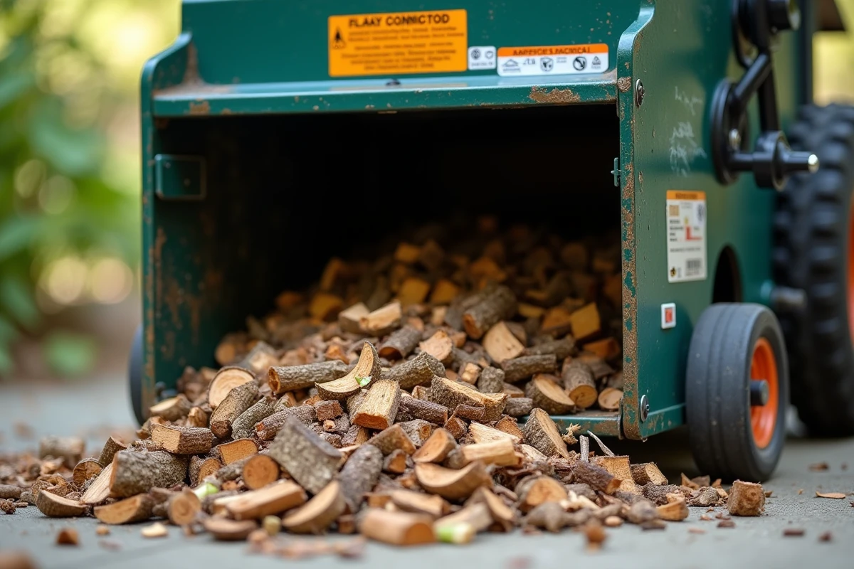 Gros plan sur la trémie et les copeaux de bois produits par le broyeur Denqbar 5100W