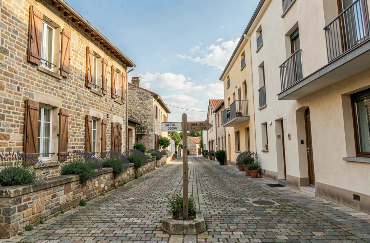 Deux façades de logements différents dans une ville française avec double plaque d'adresse, symbolisant la double résidence principale