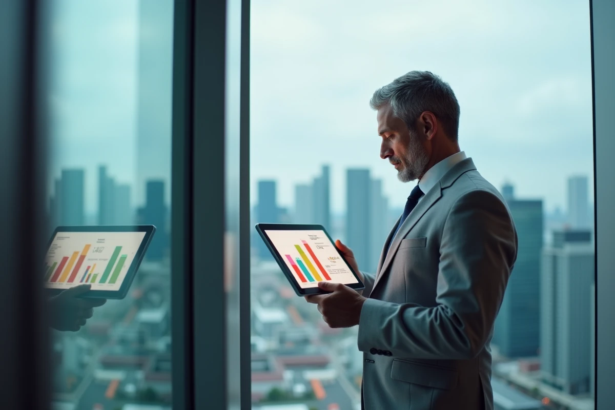 Dirigeant d'entreprise consultant des indicateurs de croissance sur tablette devant un panorama urbain