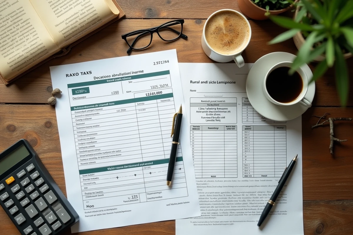 Vue de dessus des documents de déclaration fiscale du fermage agricole posés sur une table de ferme