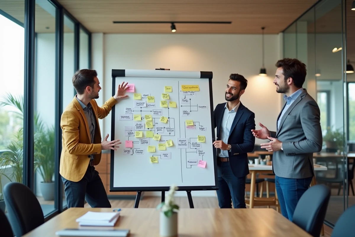 Équipe de professionnels en séance de brainstorming stratégique pour développer leur entreprise