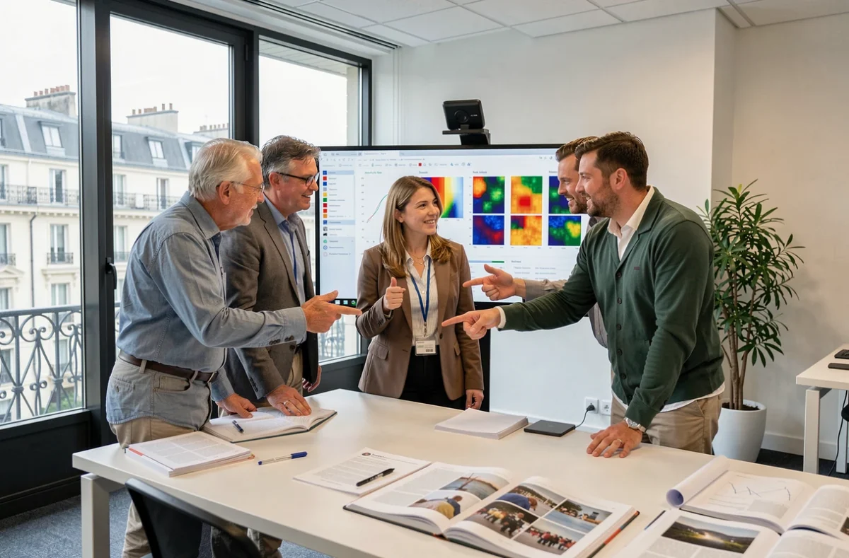 Équipe de chercheurs de l'Inserm collaborant autour d'un écran de données génomiques dans un bureau scientifique parisien