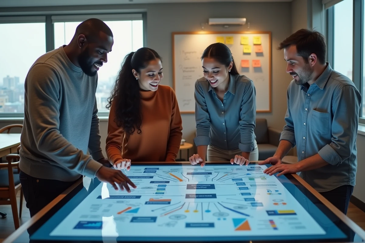Équipe marketing diversifiée collaborant autour d'une stratégie digitale alimentée par l'intelligence artificielle