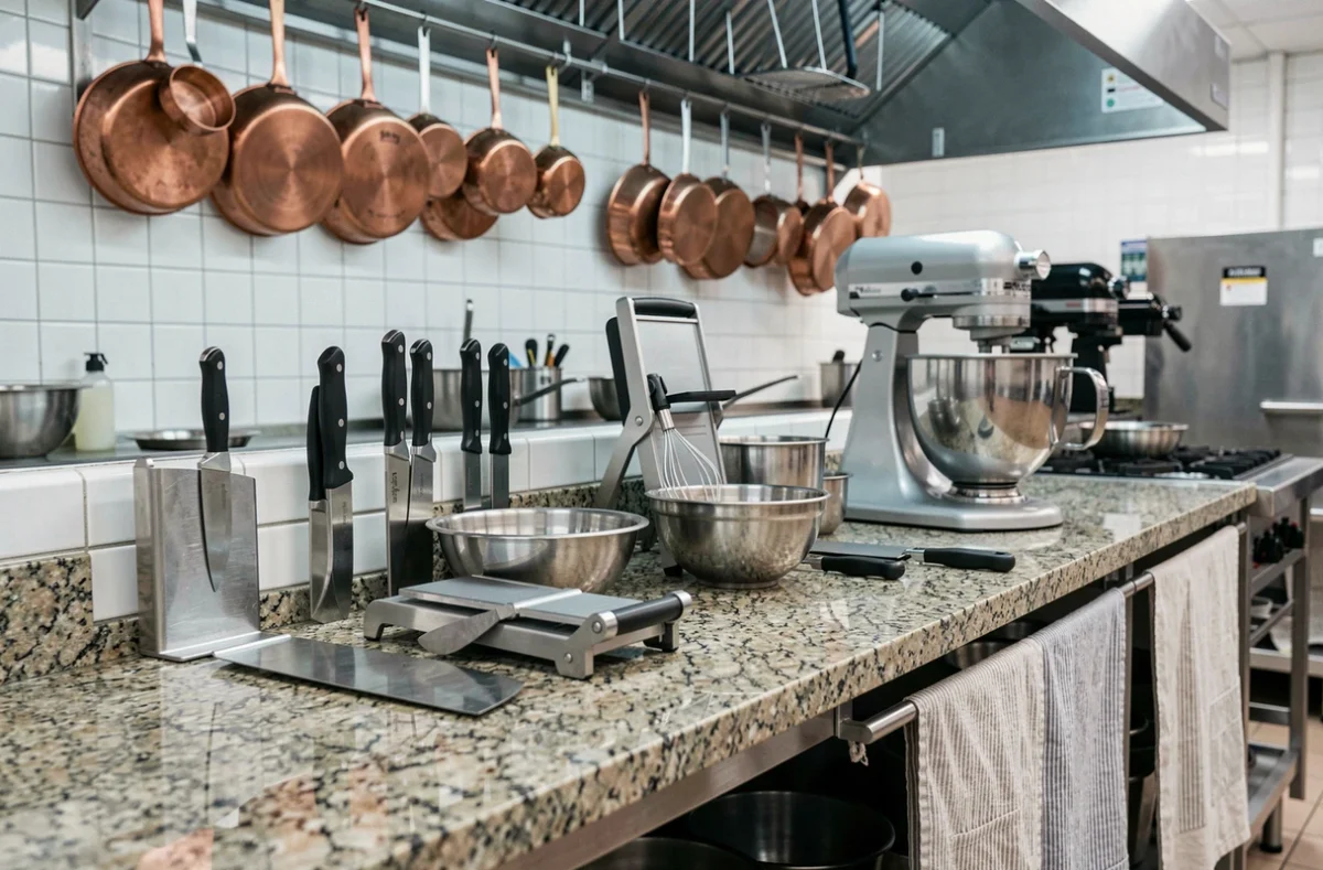Équipement de cuisine professionnelle disposé sur un plan de travail en granit avec couteaux, robot pâtissier et ustensiles en acier inoxydable