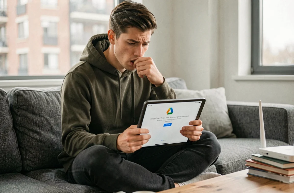 Jeune adulte résolvant une erreur de synchronisation Google Drive sur une tablette dans un salon moderne