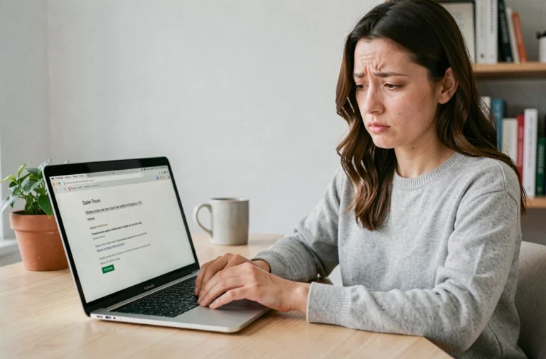 Femme frustrée devant une erreur de téléchargement sur Google Drive sur son ordinateur portable dans un bureau à domicile