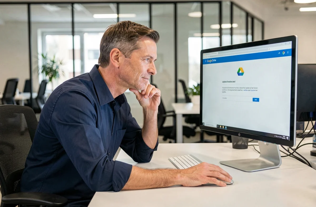Homme professionnel analysant une erreur de téléchargement Google Drive sur un grand écran dans un bureau en open space