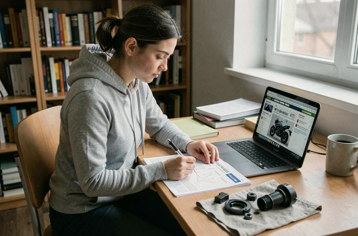 Jeune femme étudiant le manuel technique de la MT-125 pour comprendre le débridage