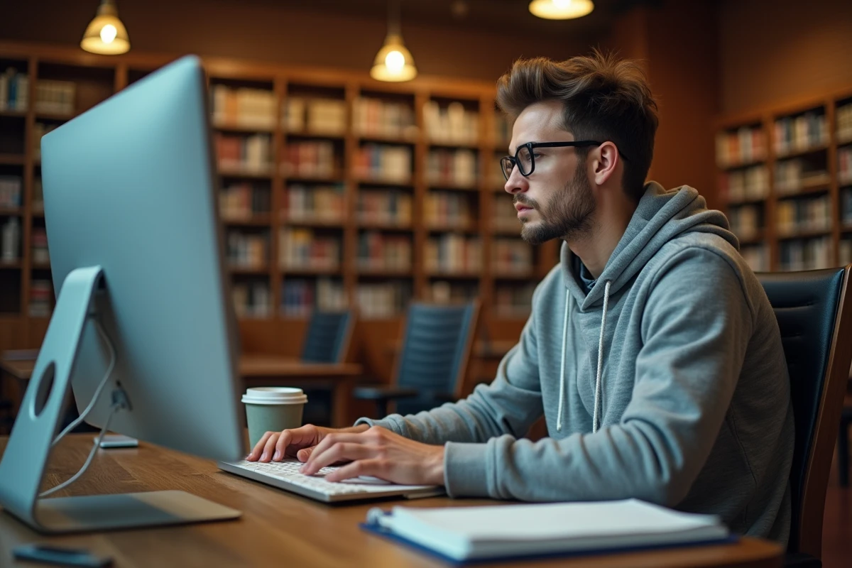 Étudiant masculin consultant le portail académique de Versailles sur un ordinateur en bibliothèque universitaire