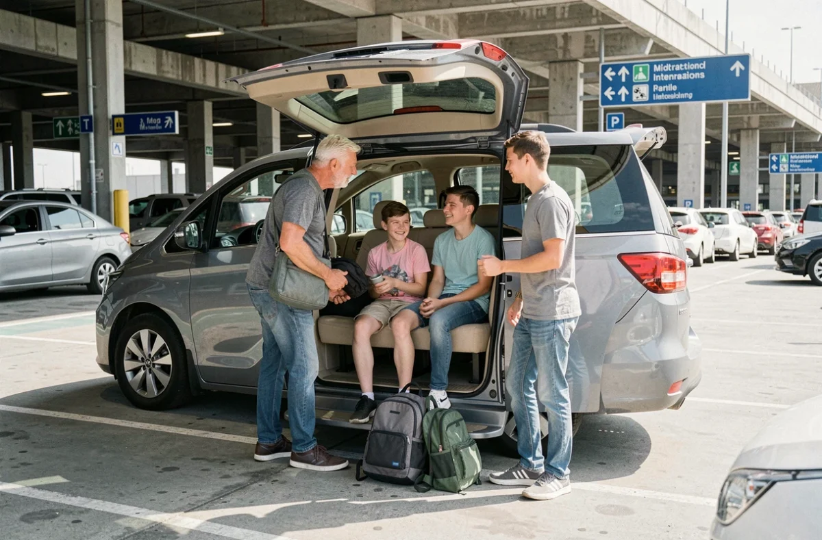 Famille de cinq personnes embarquant dans un grand monospace au parking d'un aéroport, large banquette arrière trois places visible avec bagages