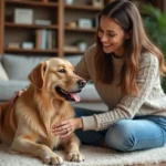 Jeune femme souriante caressant un golden retriever à la maison