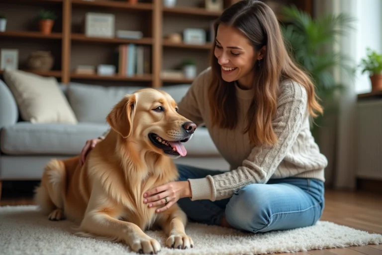Jeune femme souriante caressant un golden retriever à la maison