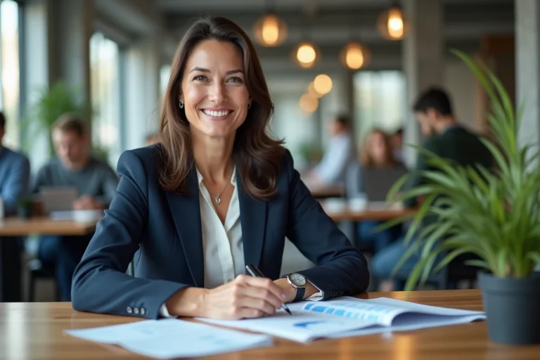 Femme cheffe d'entreprise analysant des rapports de performance dans un bureau moderne en 2024