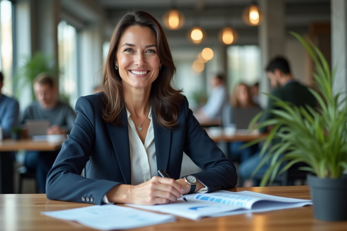 Femme cheffe d'entreprise analysant des rapports de performance dans un bureau moderne en 2024