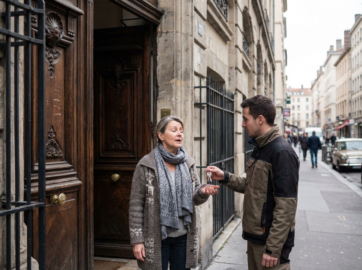 Femme récupérant ses clés devant une porte lyonnaise