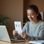 Femme consultant une notice de médicament devant un site de pharmacie en ligne sur ordinateur portable