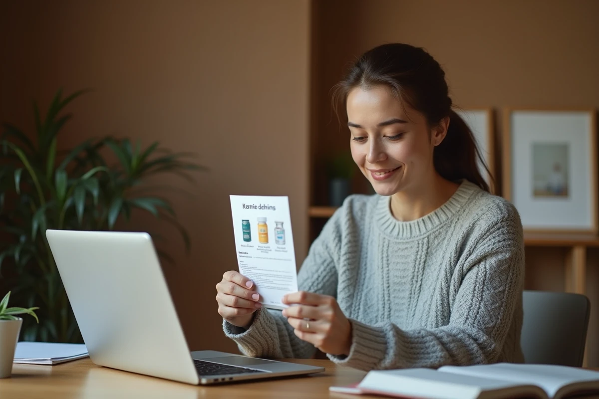 Femme consultant une notice de médicament devant un site de pharmacie en ligne sur ordinateur portable