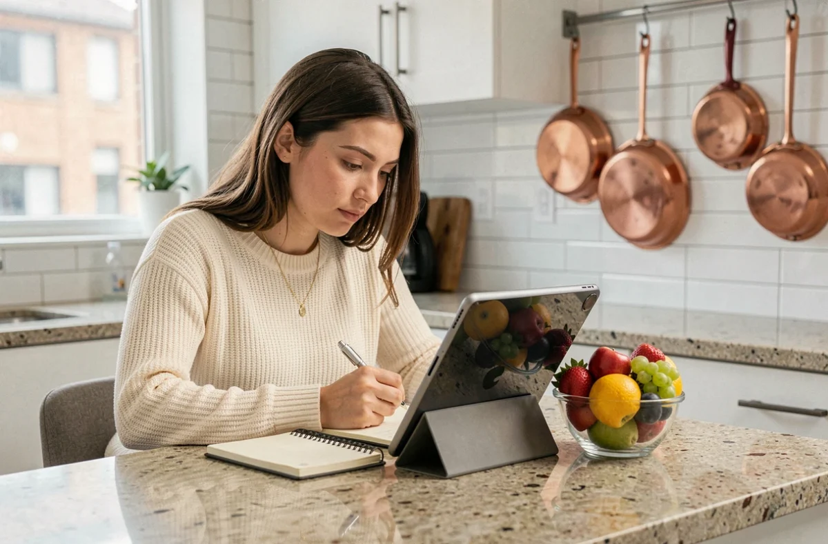 Jeune femme consultant des ressources santé sur une tablette dans une cuisine moderne, prenant des notes pour améliorer son bien-être au quotidien