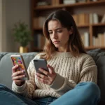 Femme concentrée jouant à un jeu de puzzle coloré sur smartphone, illustrant les niveaux difficiles de Candy Crush