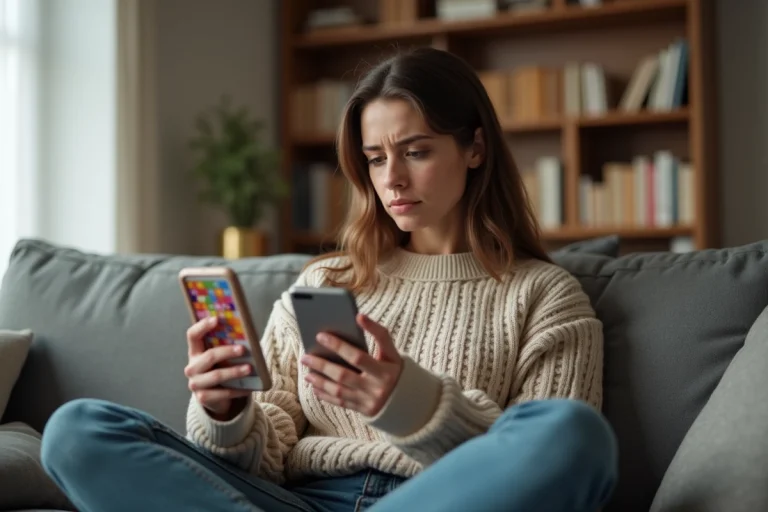 Femme concentrée jouant à un jeu de puzzle coloré sur smartphone, illustrant les niveaux difficiles de Candy Crush