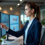 Femme marketing analyste utilisant des outils d'intelligence artificielle sur des écrans de données dans un bureau moderne