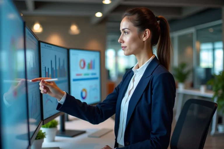Femme marketing analyste utilisant des outils d'intelligence artificielle sur des écrans de données dans un bureau moderne