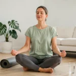 Femme pratiquant la méditation assise sur un sol en bois dans un salon minimaliste, illustrant le bien-être au quotidien et la santé mentale