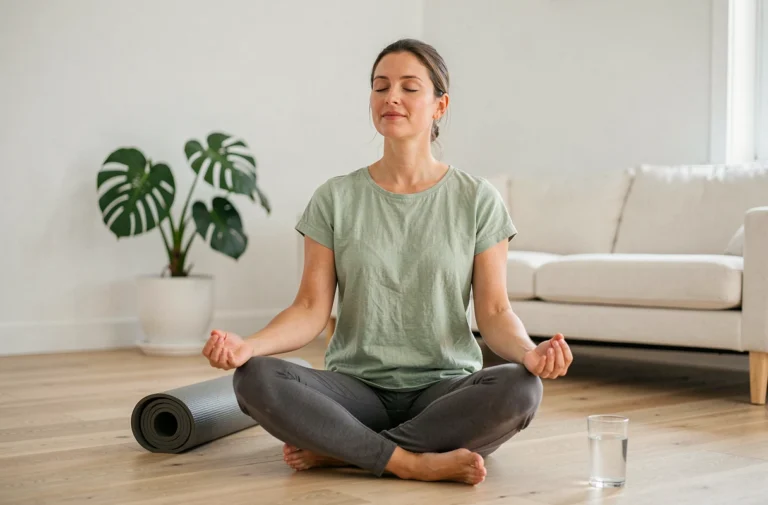 Femme pratiquant la méditation assise sur un sol en bois dans un salon minimaliste, illustrant le bien-être au quotidien et la santé mentale
