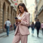 Femme élégante en blazer pastel dans une rue urbaine